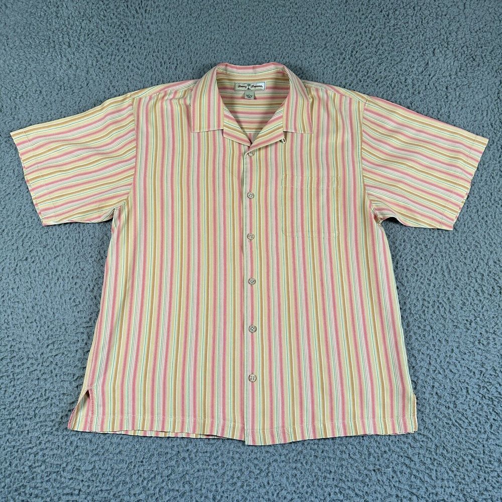 Tommy Bahama Silk Camp Shirt Men's Large Pastel Striped Silk Button Up
